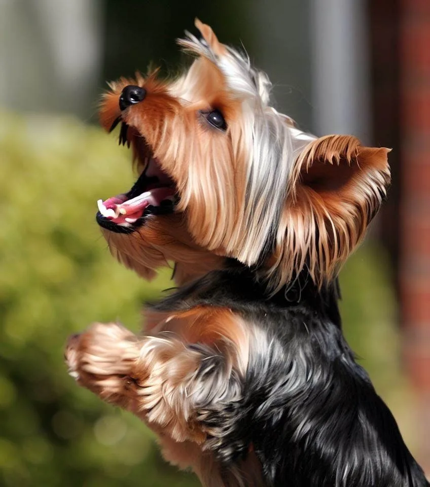 Yorkie looking up and barking in a garden