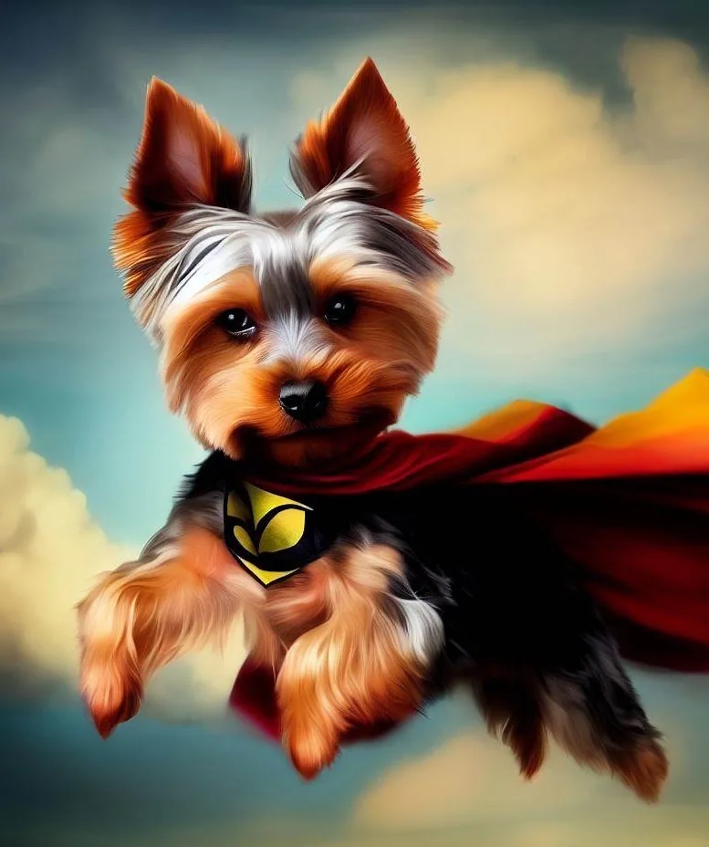 Illustration of a Yorkie flying in a superhero cape