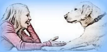 Sketch of a smiling girl reaching out a hand to her dog