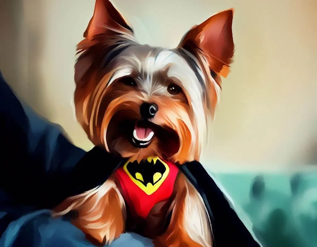 Yorkie dressed in a superhero costume