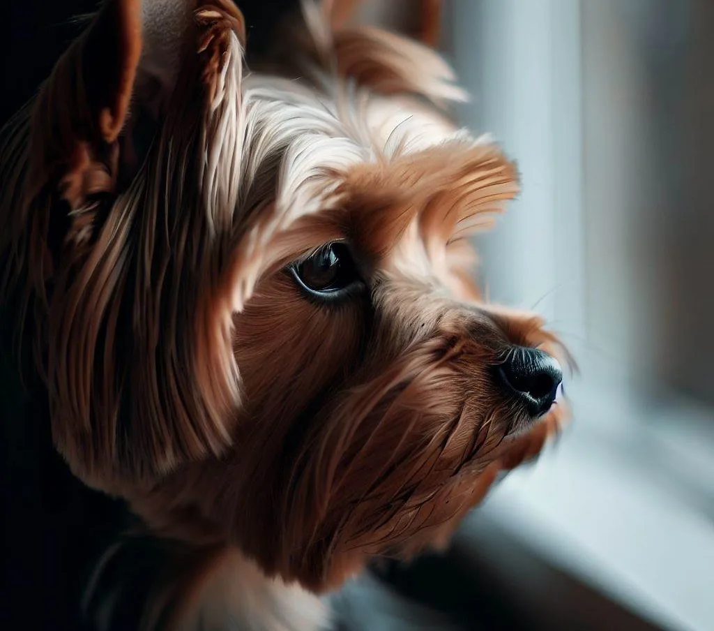 Yorkie gazing thoughtfully out of a window