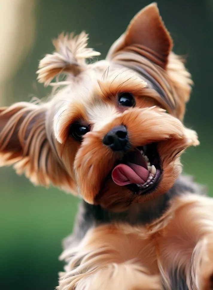 Playful Yorkie with its tongue out and head tilted
