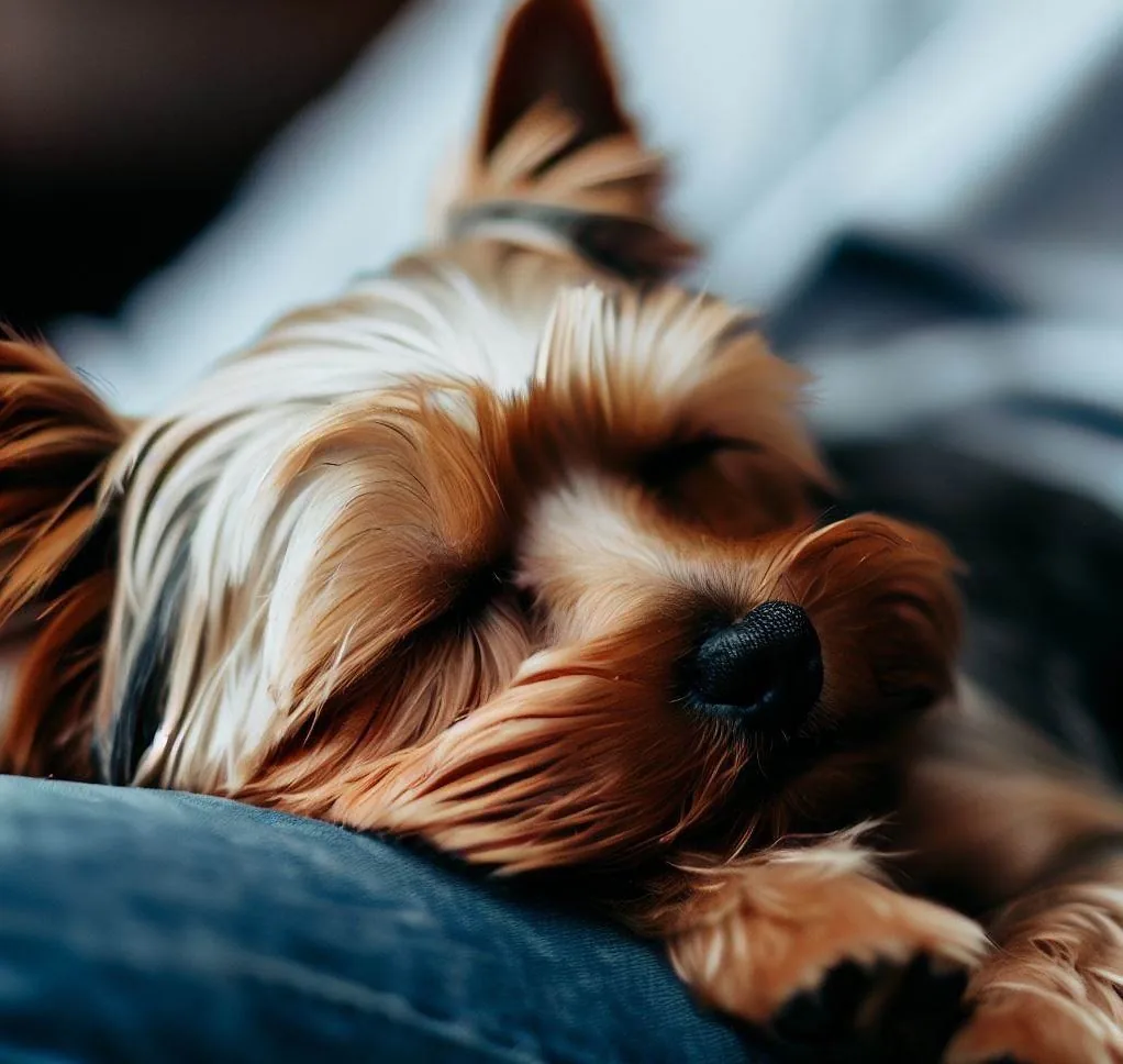 Yorkie resting its head on a cushion